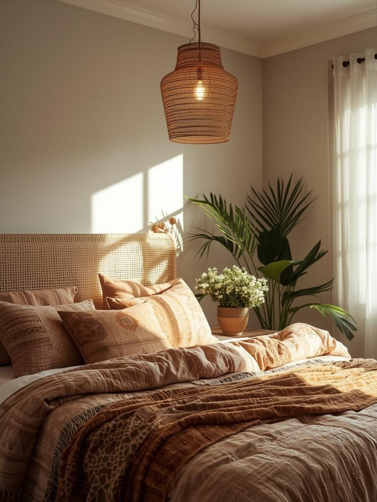 Layered bedding and natural rattan textures define this cozy bohemian bedroom.
Discover the complete bedroom styling guide