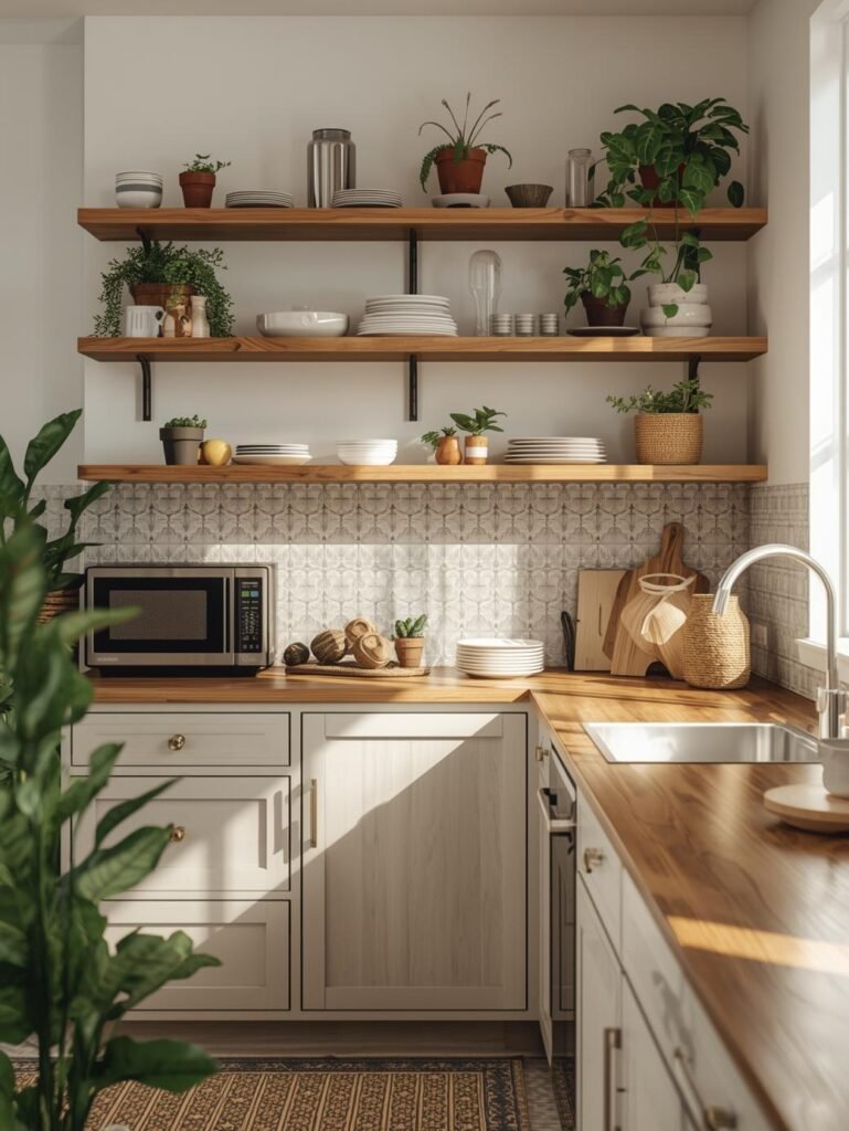 Open shelving and patterned tile bring personality to this modern boho kitchen design.
See the complete kitchen inspiration
