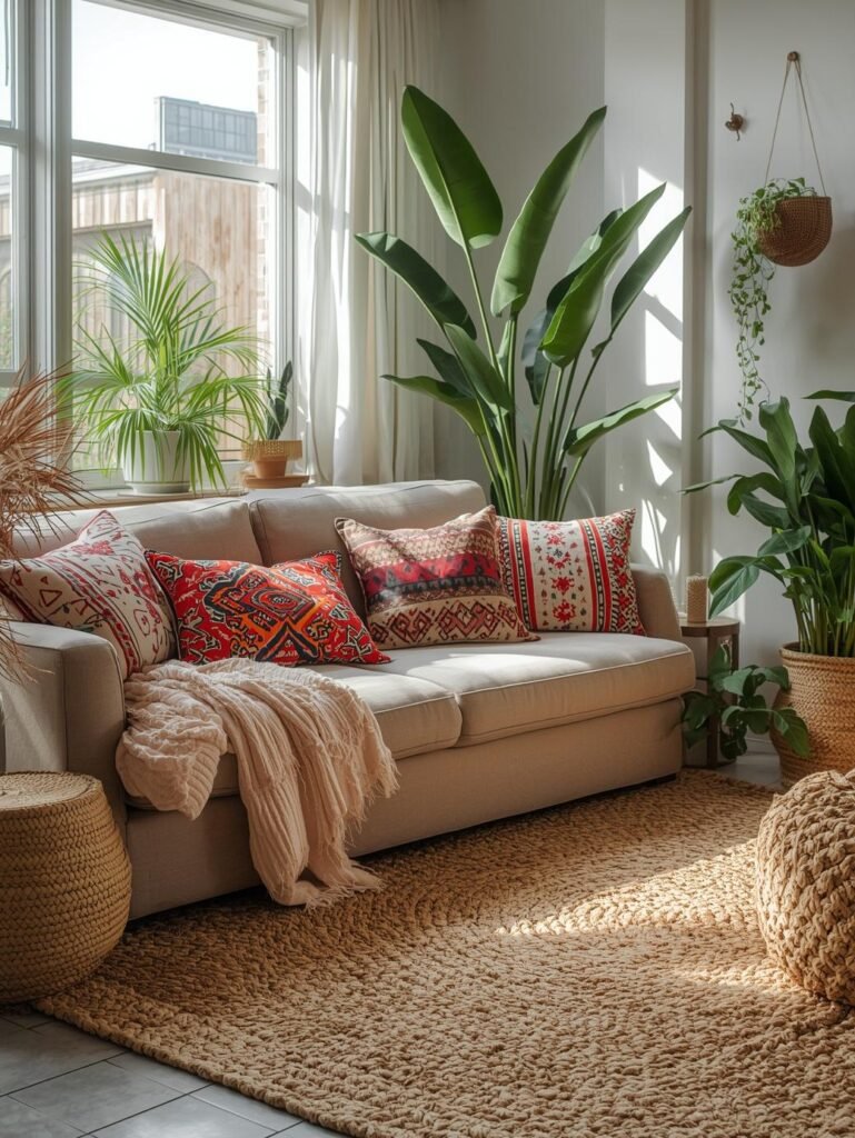 Indoor plants and woven decor bring warmth and life to this modern boho living space.
See the full living room styling guide on our website.
