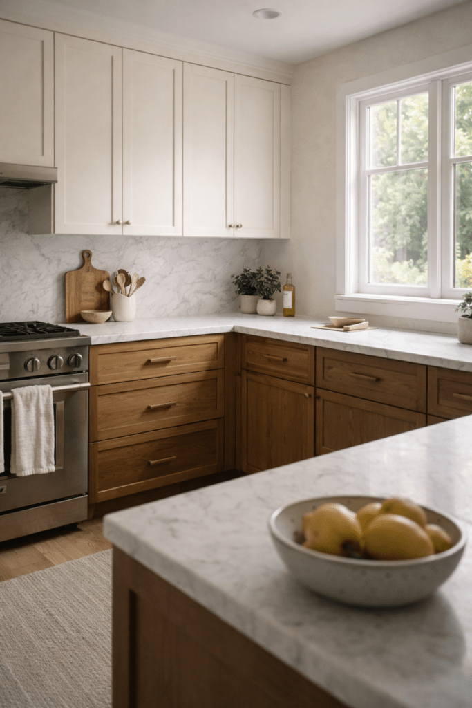 modern kitchen flat front cabinets quartz countertop natural light