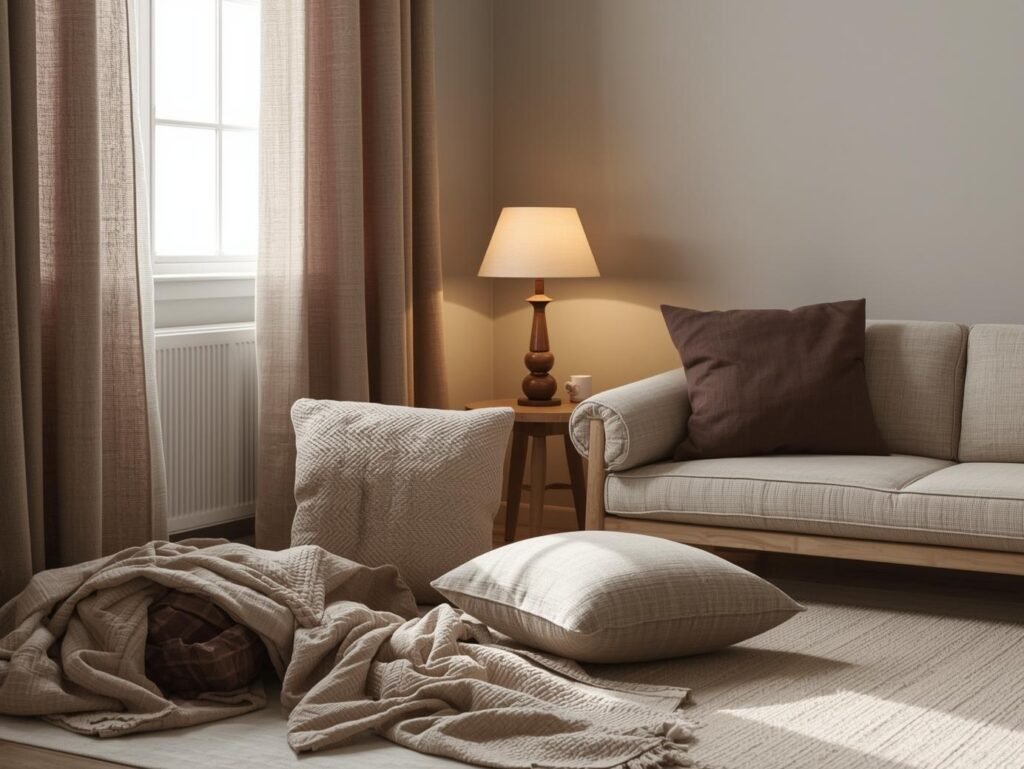 Scandinavian hygge decor with wool rug and knit blanket