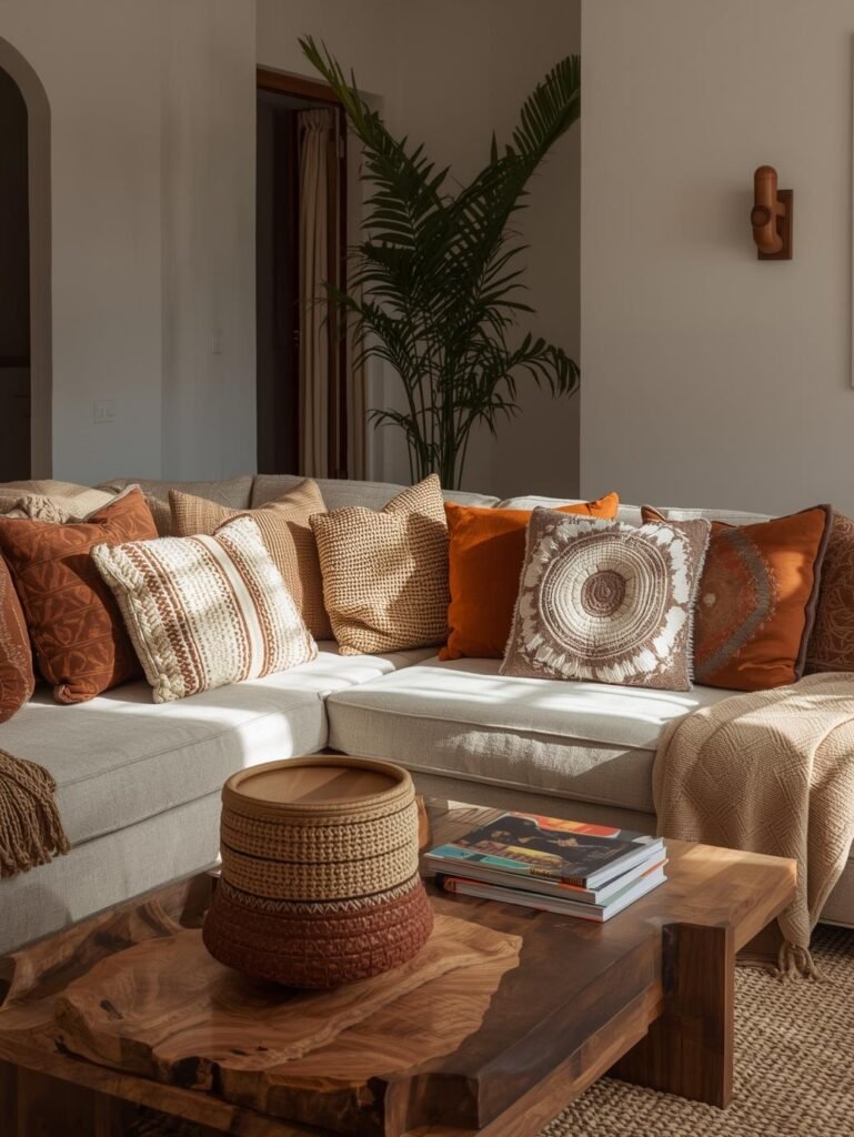 Terracotta tones and layered textures define this cozy boho-inspired living room.
Discover the complete boho style breakdown on our website