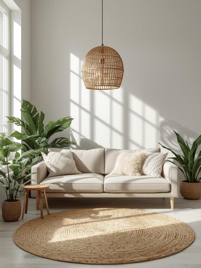 A lighter take on boho style featuring neutral tones, woven lighting, and layered natural textures.