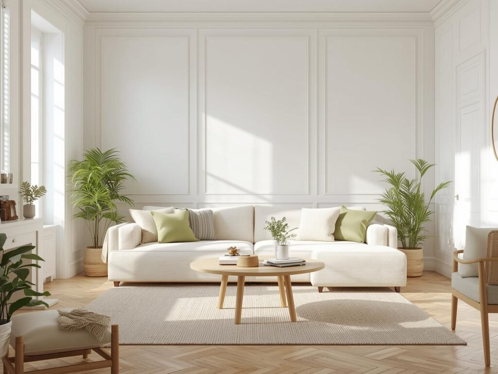 Scandinavian living room with sage green accents