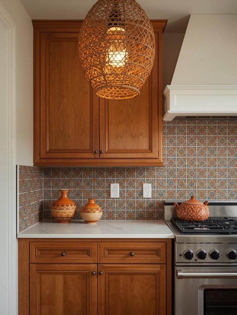 Statement tile and wood cabinetry create a balanced boho kitchen aesthetic.
Explore the full boho home tour 