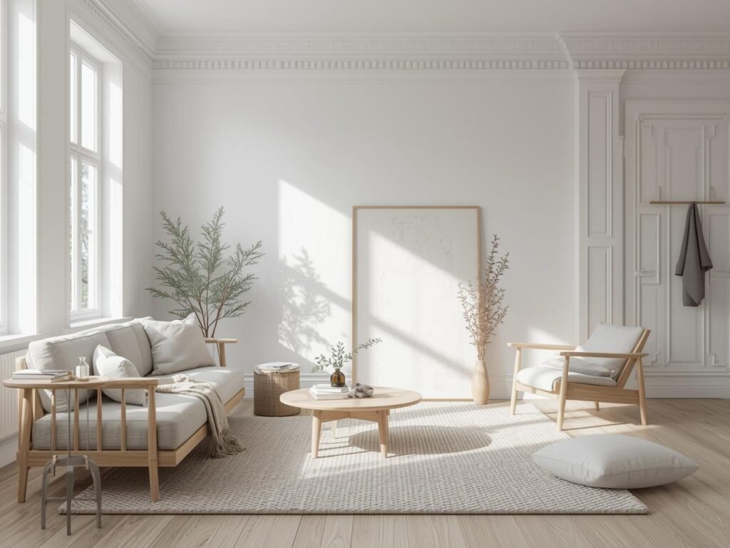 Scandinavian interior with white and light oak color palette