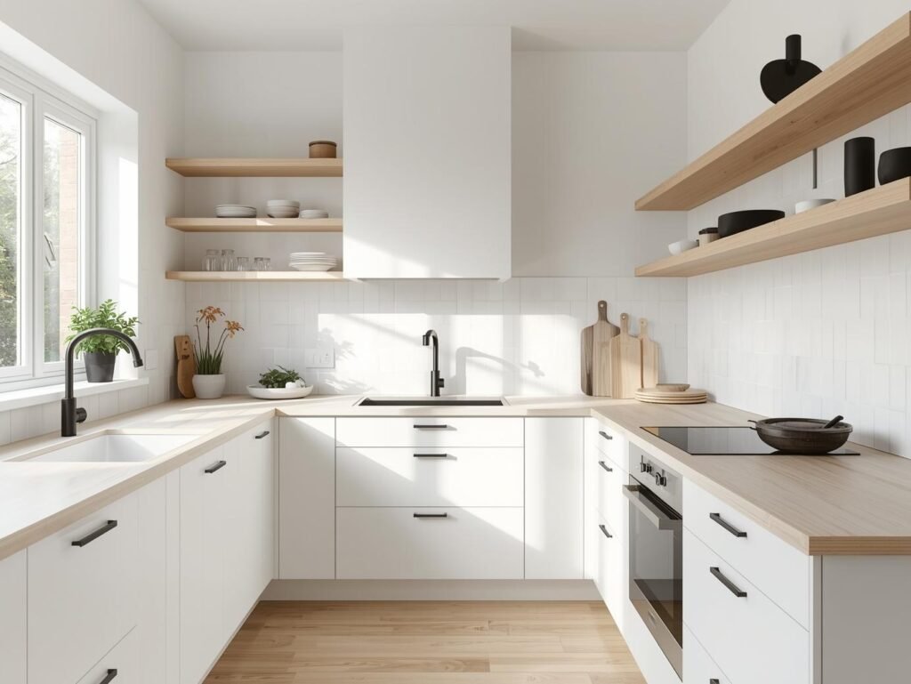 Scandinavian kitchen with white cabinets and wood countertop