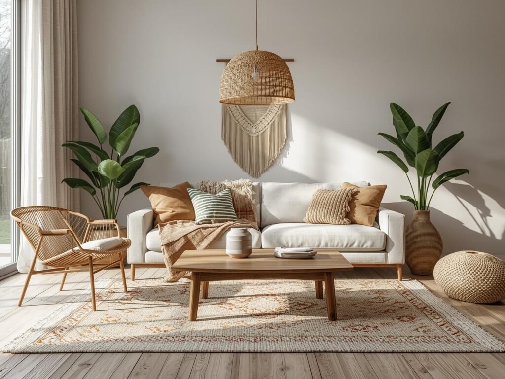 Modern boho living room with rattan chair, layered rugs, indoor plants, and natural daylight