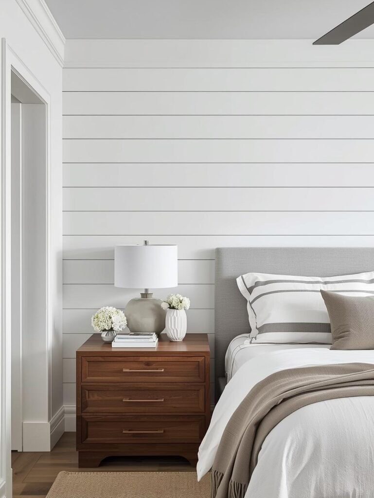 armhouse bedroom with white shiplap wall