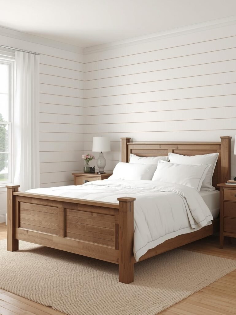 Farmhouse bedroom with wood bed frame and white bedding