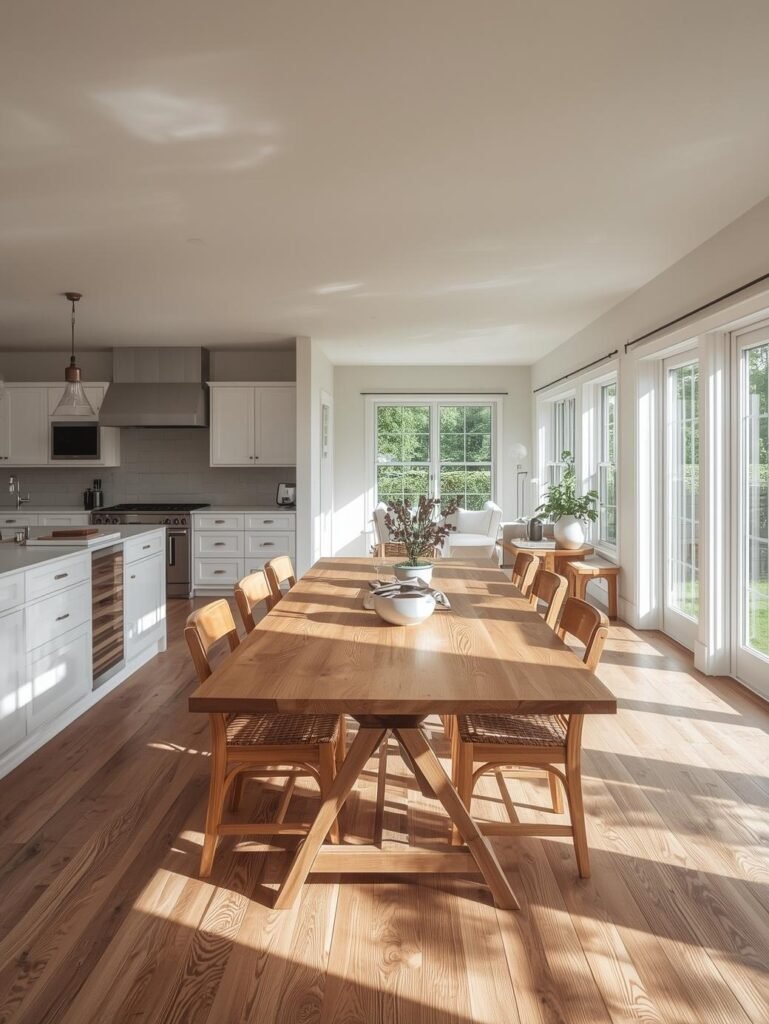 Open farmhouse kitchen and dining area