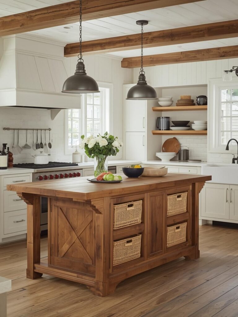 Farmhouse kitchen with wood island and pendant lights