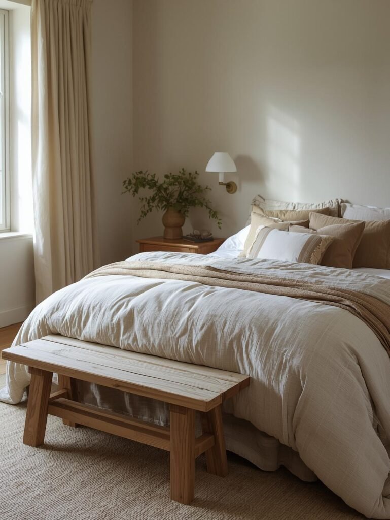 Layered linen bedding in farmhouse bedroom