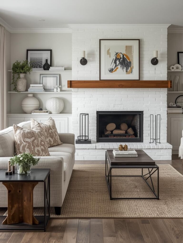 Farmhouse living room with white brick fireplace and wooden mantel