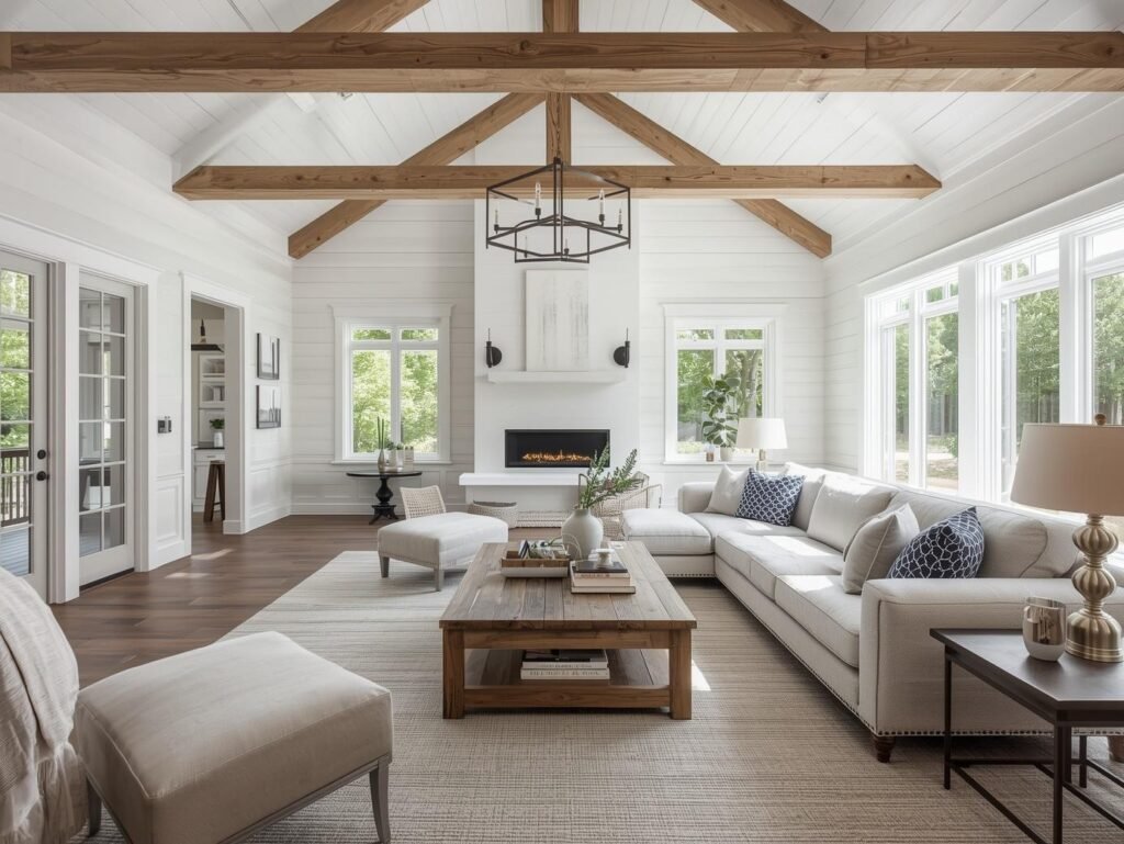 Bright farmhouse living room with white shiplap walls and wood beams