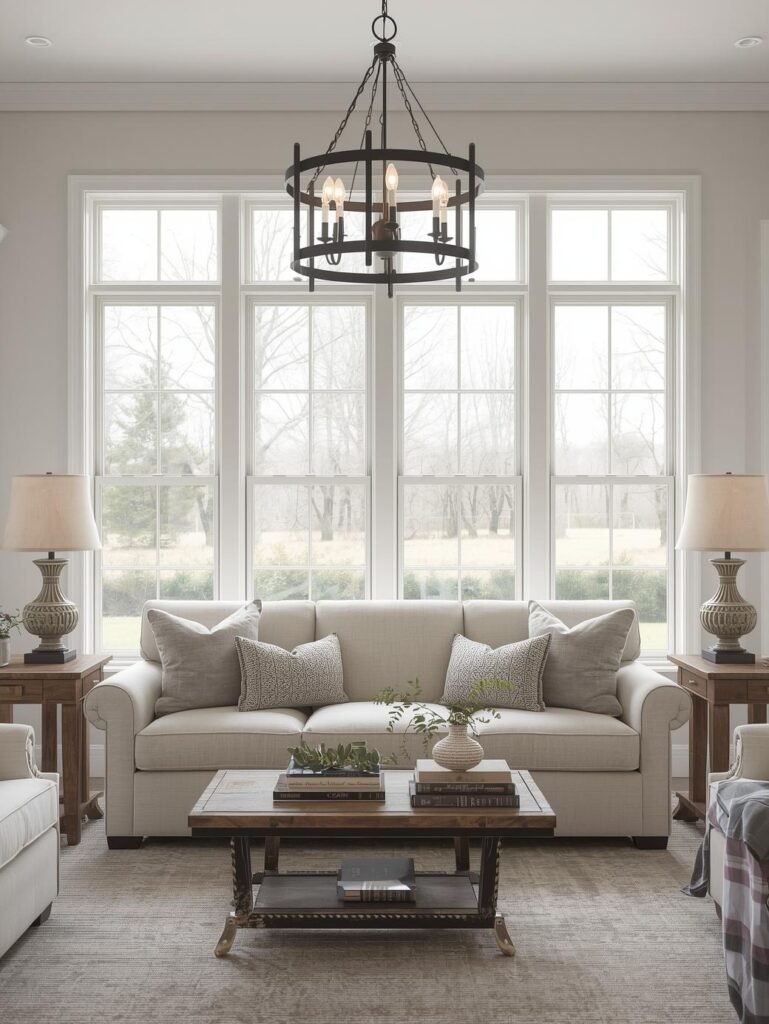 Neutral farmhouse seating area with linen sofa