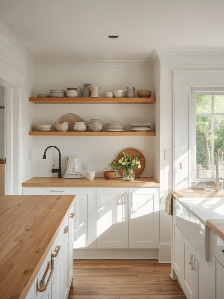 Open shelving in farmhouse kitchen