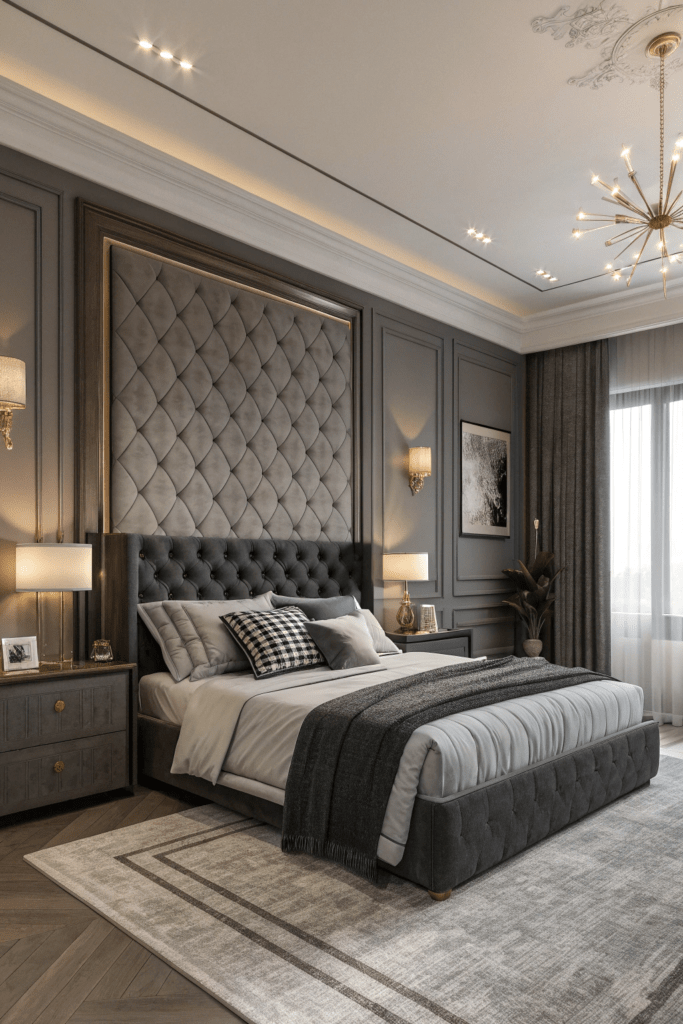 modern bedroom platform bed neutral bedding natural light