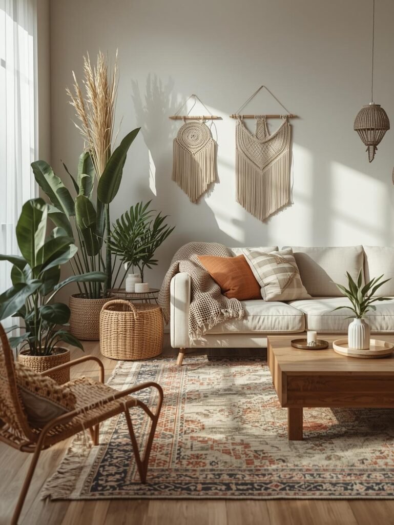 Modern boho living room with layered rugs and rattan chair
