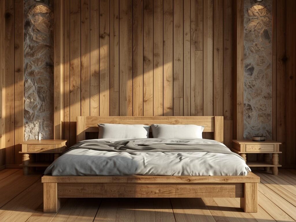 Wooden bed centered in rustic cabin bedroom