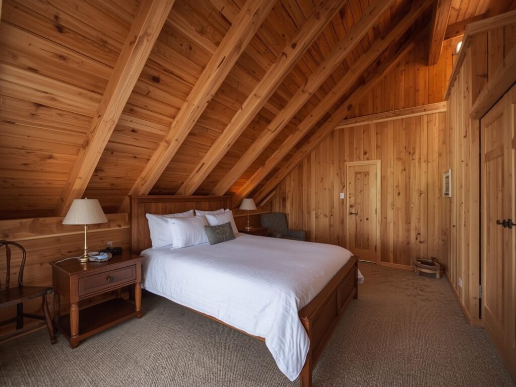 Exposed ceiling beams in rustic bedroom