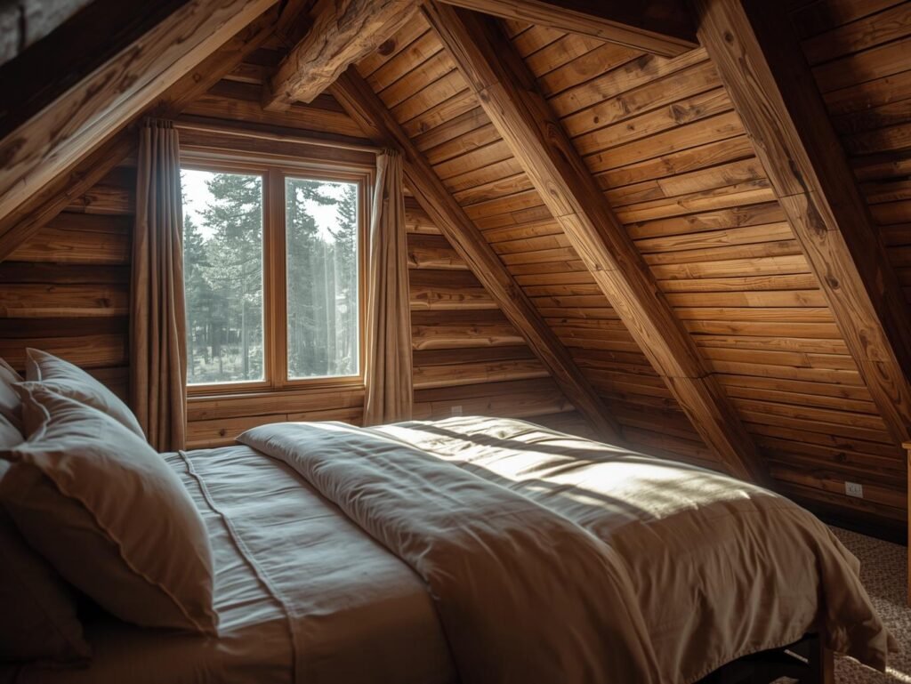 Rustic bedroom with natural daylight from large window