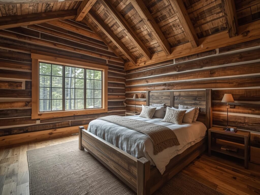 Rustic bedroom with wooden bed frame and forest view