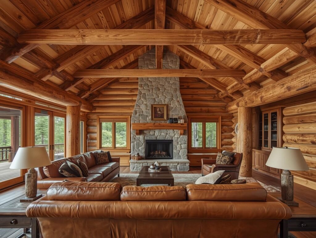 Exposed timber ceiling beams inside rustic living room
