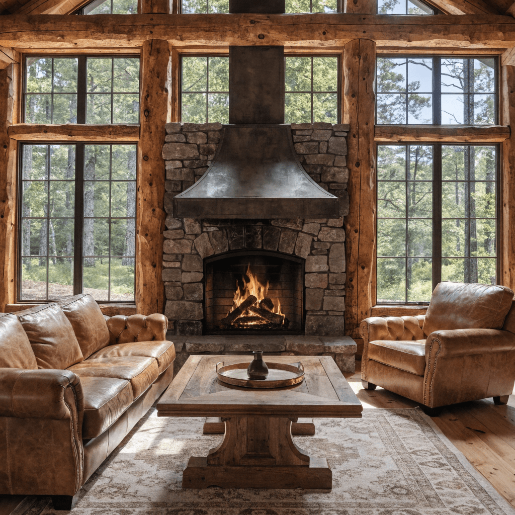 Log cabin living room interior with exposed wood beams, stone fireplace, leather sofa, and large windows with natural daylight