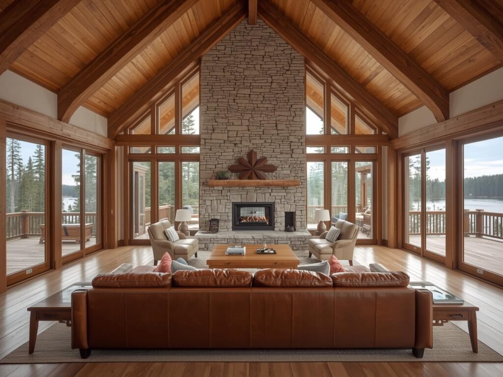 Luxury rustic interior living room with exposed timber beams, floor-to-ceiling stone fireplace, and panoramic forest view