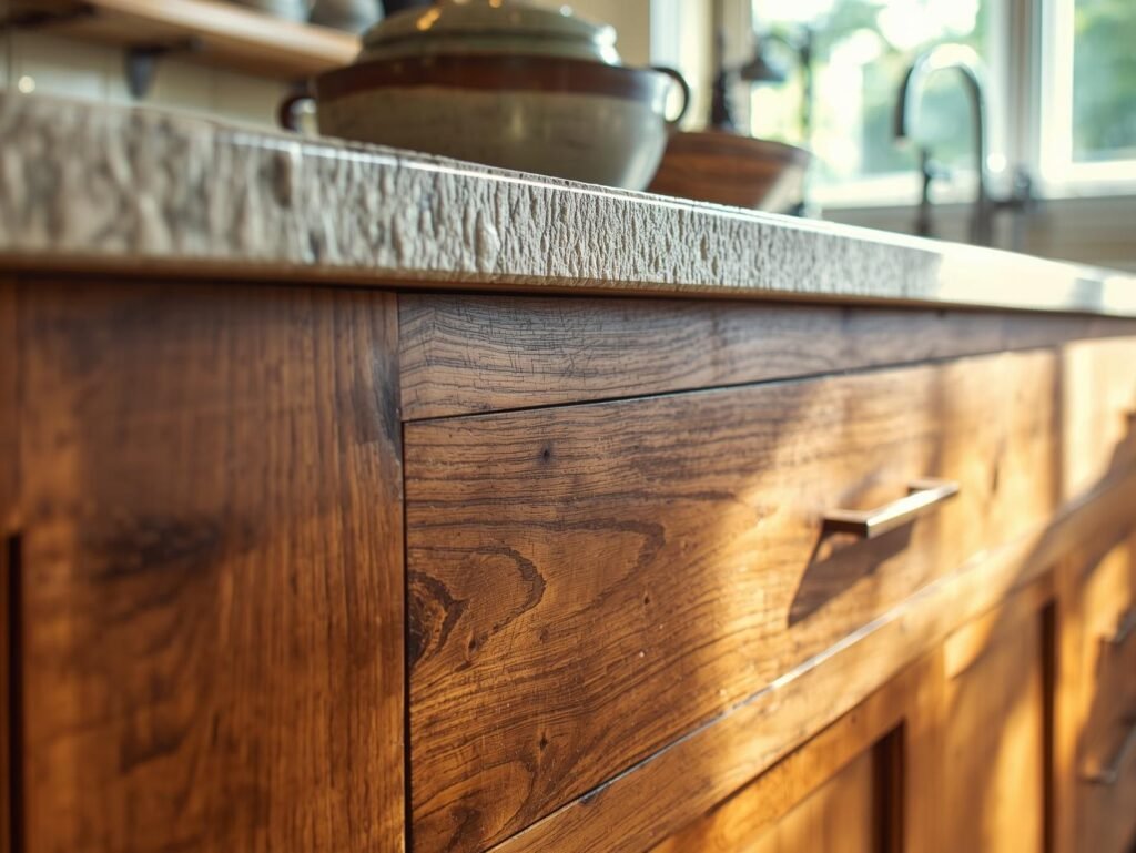 Solid wood kitchen island with visible grain texture