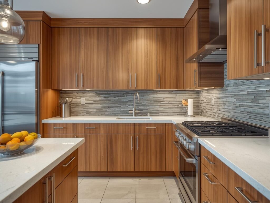 Rustic kitchen cabinets with stacked stone backsplash