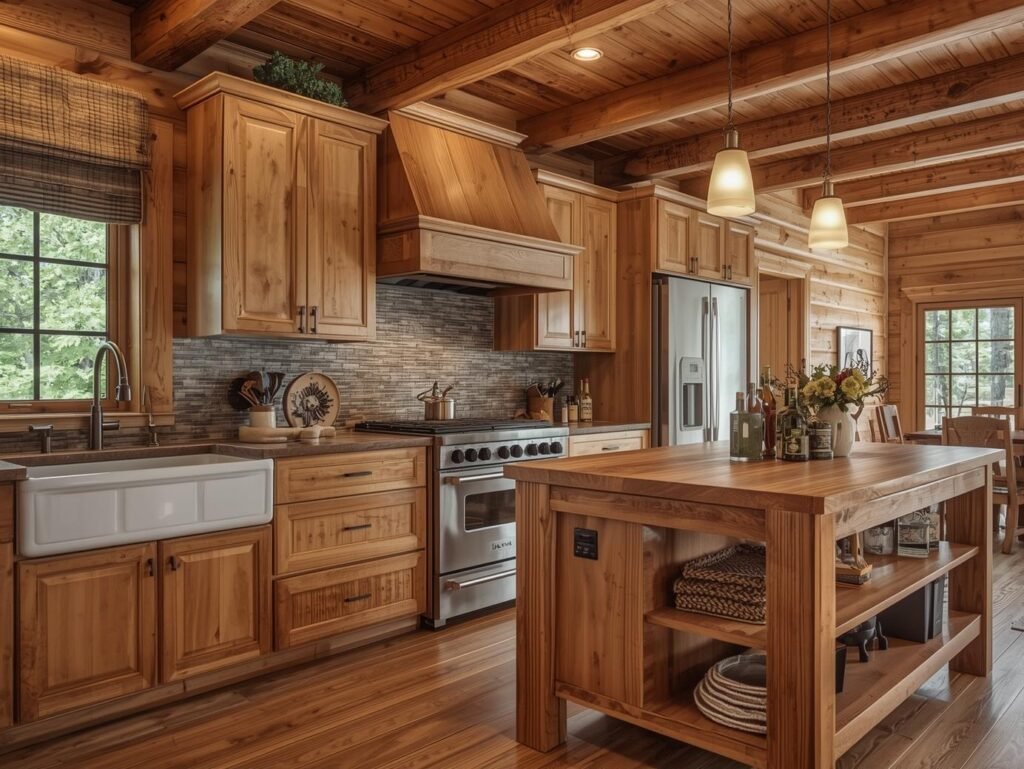 Rustic kitchen with wood cabinets and stone backsplash