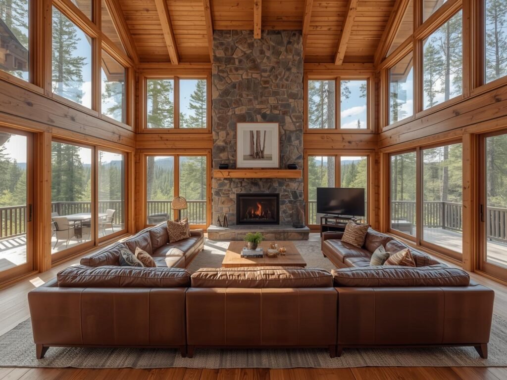 Rustic cabin living room with panoramic forest windows