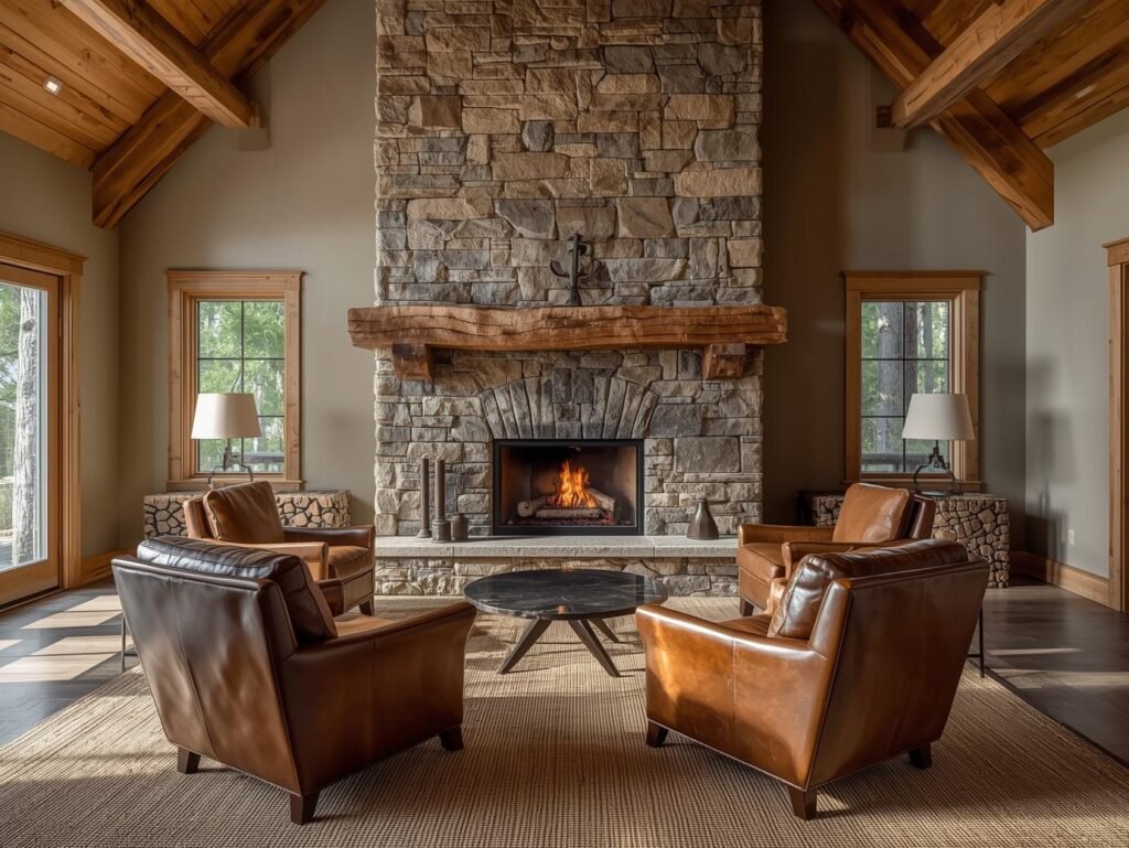 Natural stone fireplace wall in rustic cabin living room