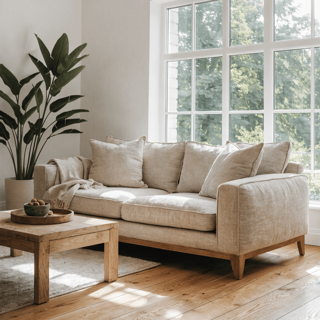 Scandinavian living room with white walls, light oak floor and beige sofa