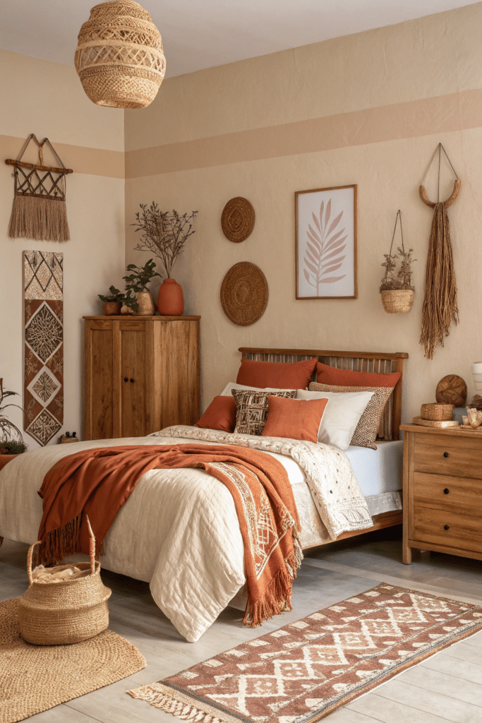 modern bedroom platform bed neutral bedding natural light