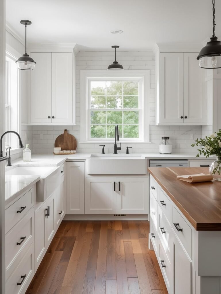 White farmhouse kitchen with shaker cabinets and farmhouse sink