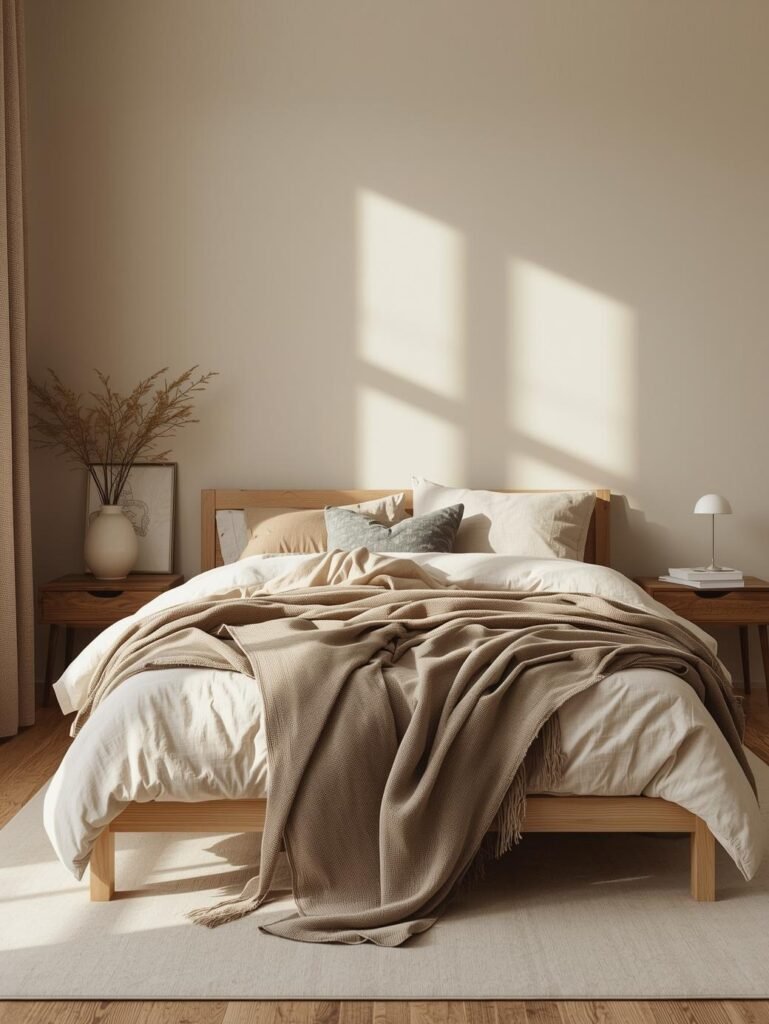 Soft beige walls and layered linen bedding create a peaceful neutral bedroom retreat.