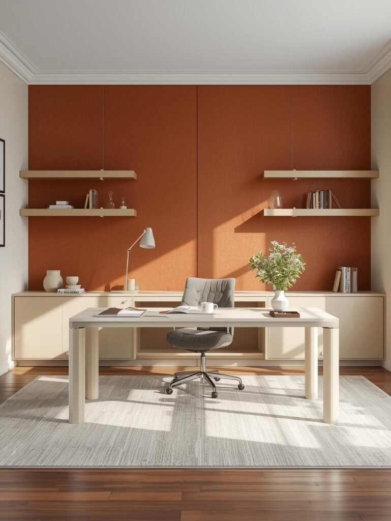 Beige walls and walnut wood create a productive yet welcoming home office palette.
See the full warm color breakdown on our website