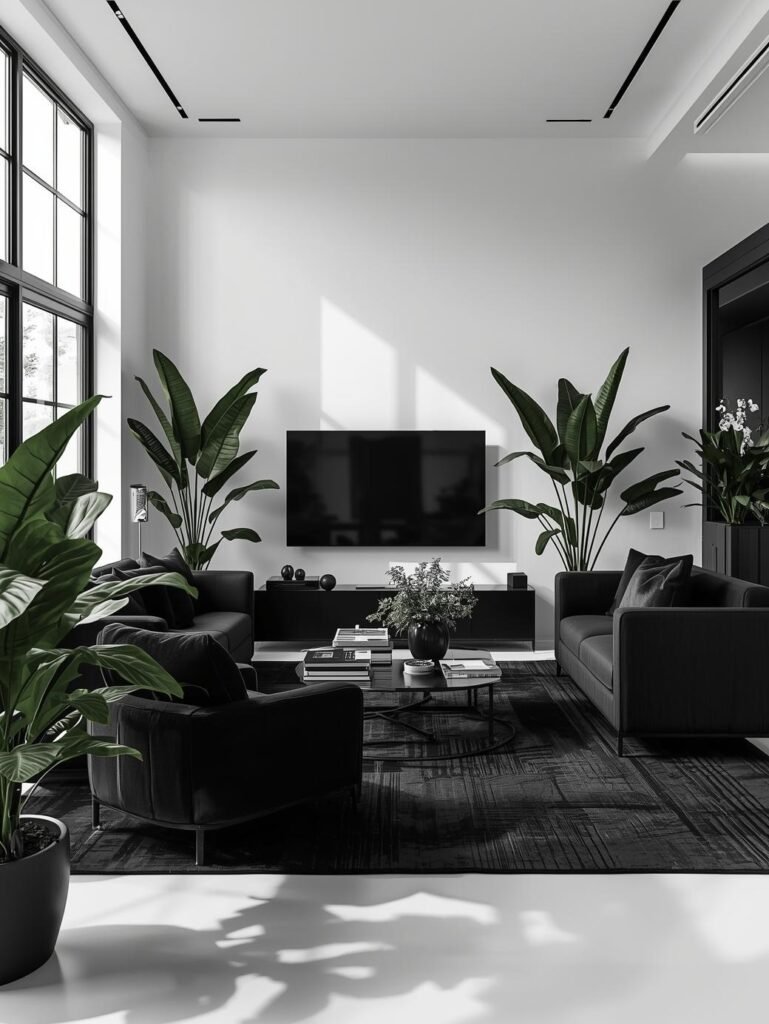 Modern living room with black furniture, large windows, and decorative plants, featuring a television mounted on the wall.