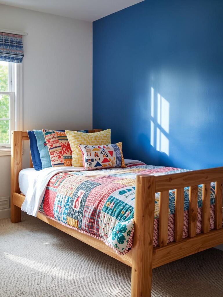 A blue accent wall adds color and personality to a cheerful kids bedroom.