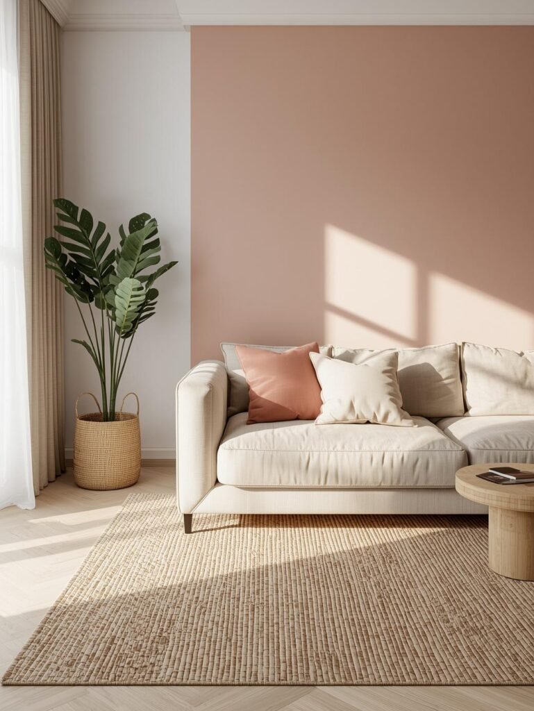 Blush pink walls combined with warm neutrals create a cozy yet modern pastel living room.