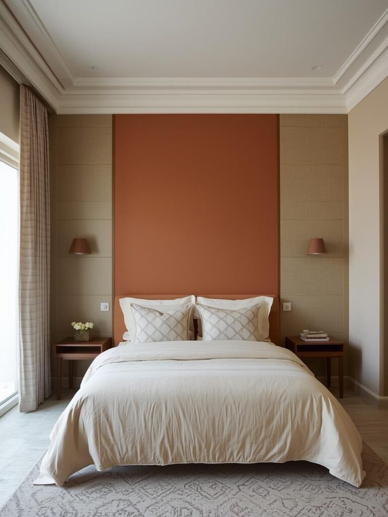 A clay accent wall adds warmth and personality to this neutral bedroom design.
