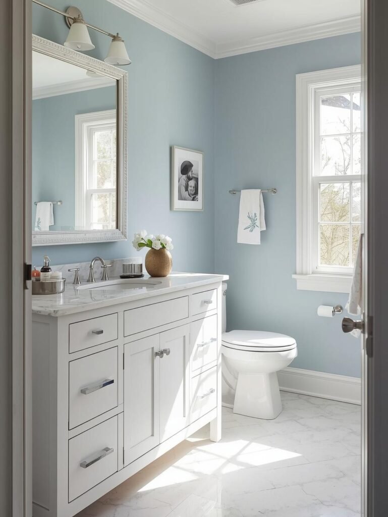 Soft coastal blue walls paired with white and marble create a fresh spa-like bathroom interior.