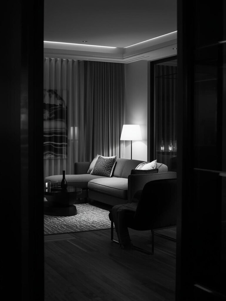 A stylish living room featuring a gray sofa with decorative pillows, a round coffee table, and a floor lamp, illuminated in soft light, with curtains and hardwood flooring in view.