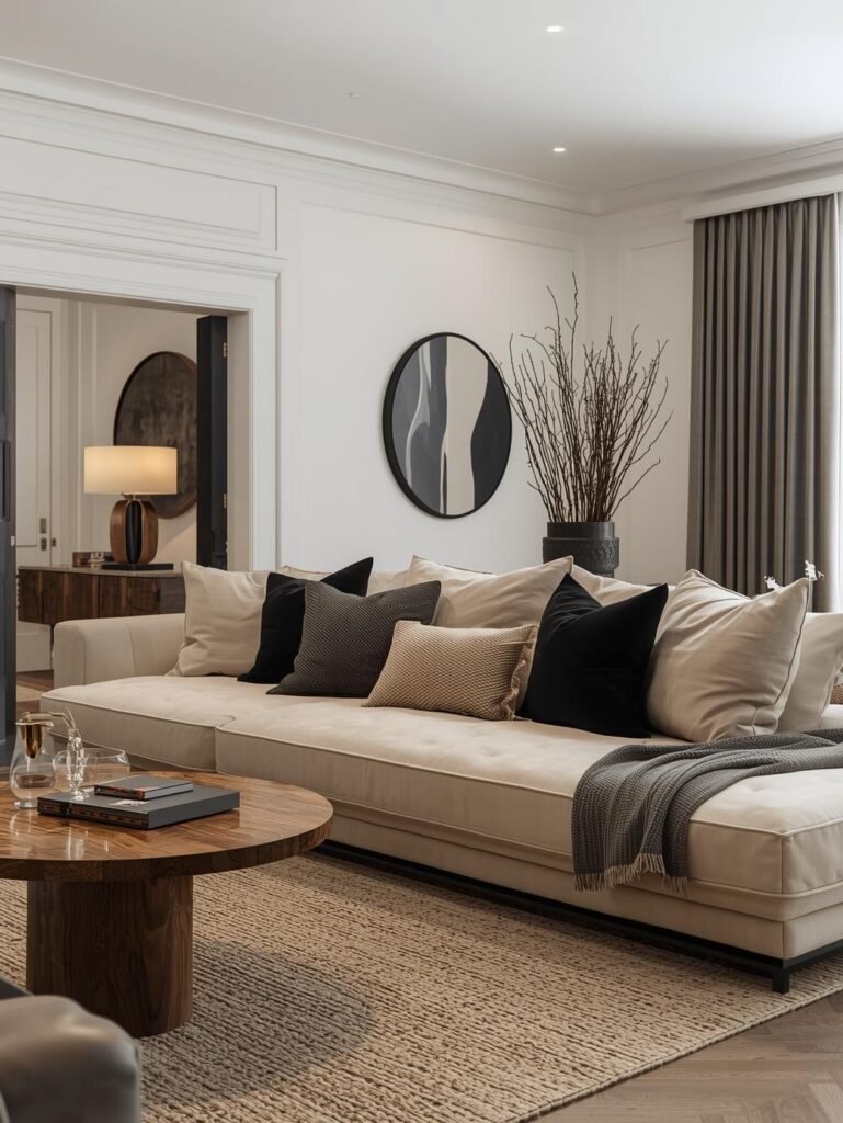 Stylish living room featuring a large beige sofa with assorted pillows, a round wooden coffee table, and elegant decor, including a tall vase with branches and contemporary wall art.