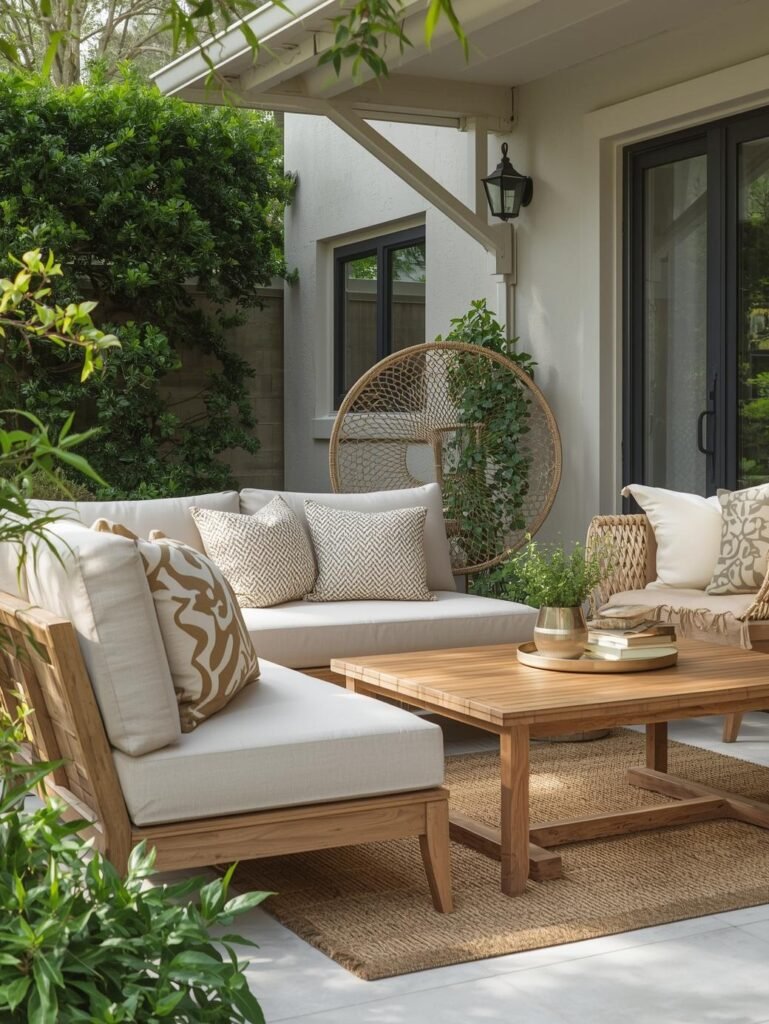Neutral cushions and wood furniture create a calm and inviting patio color scheme.