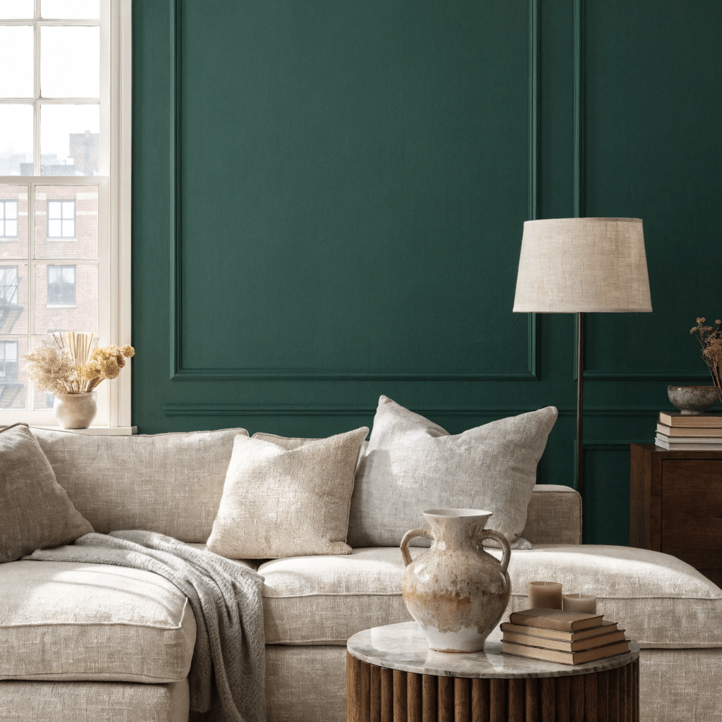 A dark green accent wall adds depth and elegance to this modern living space.