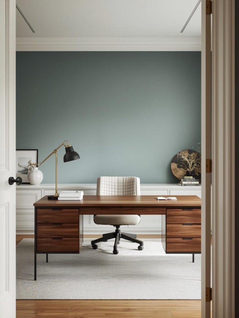 Dusty blue walls paired with walnut furniture create a warm and elegant workspace.